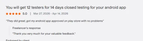 Client review: You will get 12 testers for 14 days closed testing for your android app