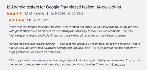 Client review: 12 Android testers for Google Play closed testing (14-day opt-in)