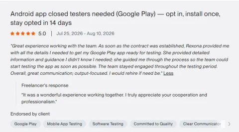 Client review: Android app closed testers needed (Google Play) — opt in, install once, stay opted in 14 days