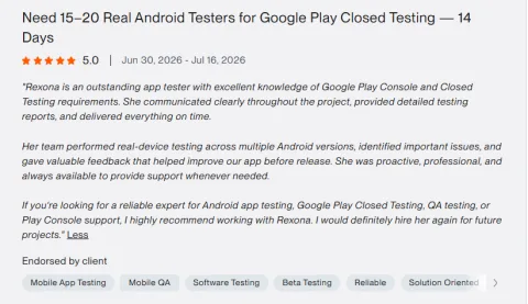 Client review: Need 15–20 Real Android Testers for Google Play Closed Testing — 14 Days