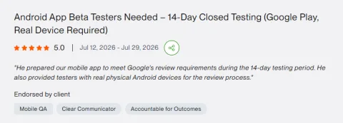 Client review: Android App Beta Testers Needed – 14-Day Closed Testing (Google Play, Real Device Required)