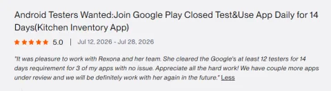 Client review: Android Testers Wanted: Join Google Play Closed Test & Use App Daily for 14 Days (Kitchen Inventory App)